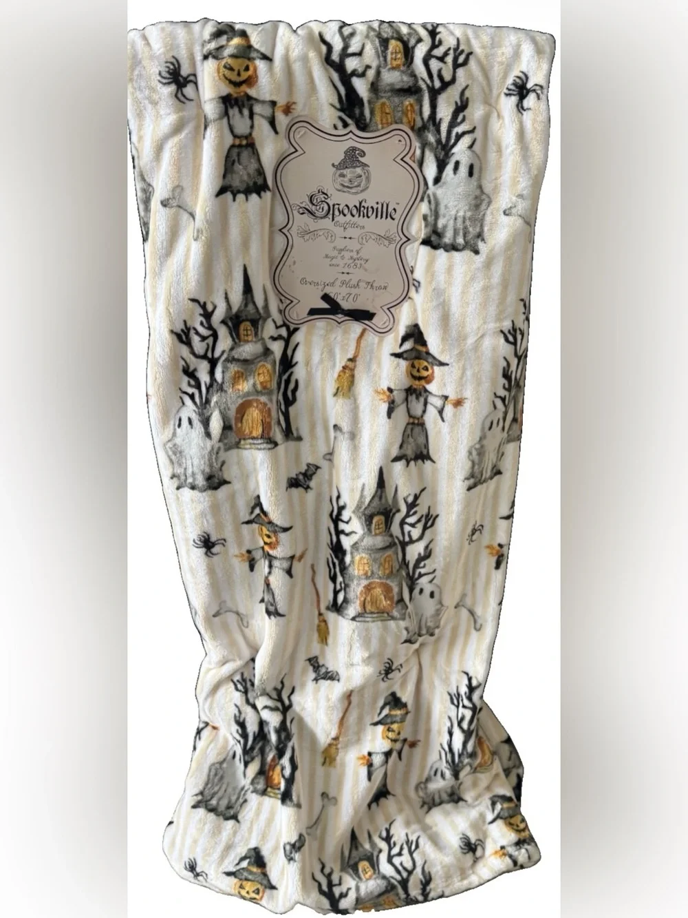 Spookville Halloween Striped  Throw Blanket w/Scarecrows Haunted House Bats NWT